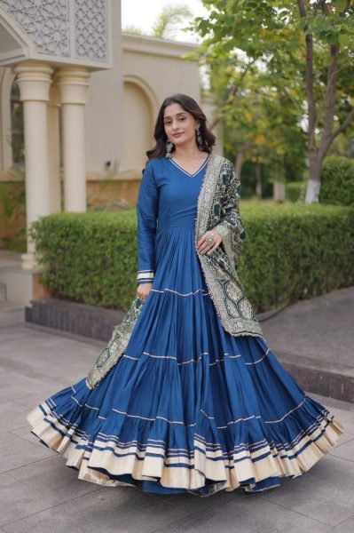 Blue Party Wear Rayon Anarkali Gown with Viscose Jacquard Dupatta For Festival Wear Ready To Wear Collection