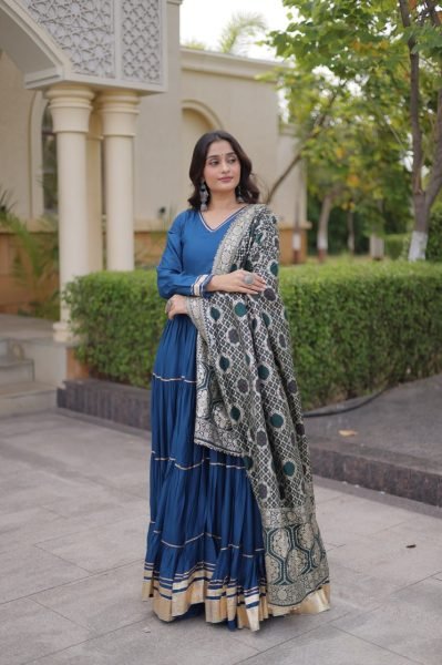 Blue Party Wear Rayon Anarkali Gown with Viscose Jacquard Dupatta For Festival Wear Ready To Wear Collection