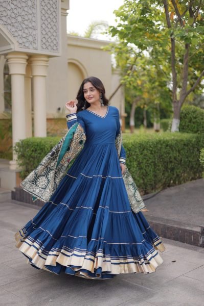 Blue Party Wear Rayon Anarkali Gown with Viscose Jacquard Dupatta For Festival Wear Ready To Wear Collection