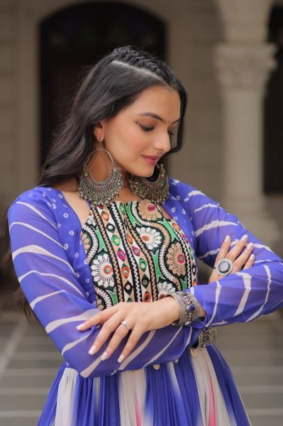 Blue Pink Bandhej Print Faux Georgette Navratri Gown with 4 Mtr Flair and Mirror Embroidery Perfect for Festivals Navratri Collection