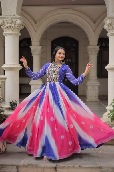 Blue Pink Bandhej Print Faux Georgette Navratri Gown with 4 Mtr Flair and Mirror Embroidery Perfect for Festivals Navratri Collection