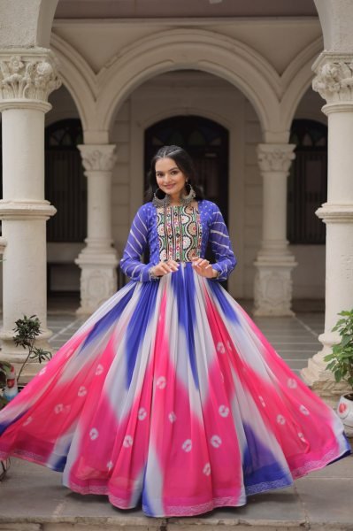 Blue Pink Bandhej Print Faux Georgette Navratri Gown with 4 Mtr Flair and Mirror Embroidery Perfect for Festivals Navratri Collection