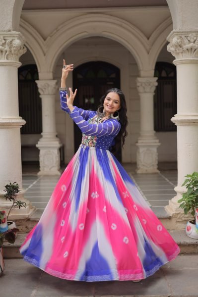 Blue Pink Bandhej Print Faux Georgette Navratri Gown with 4 Mtr Flair and Mirror Embroidery Perfect for Festivals Navratri Collection