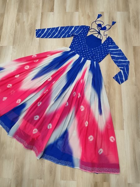Blue Pink Bandhej Print Faux Georgette Navratri Gown with 4 Mtr Flair and Mirror Embroidery Perfect for Festivals Navratri Collection