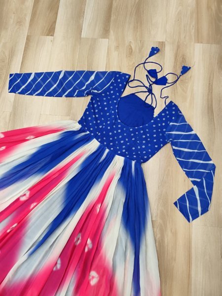 Blue Pink Bandhej Print Faux Georgette Navratri Gown with 4 Mtr Flair and Mirror Embroidery Perfect for Festivals Navratri Collection