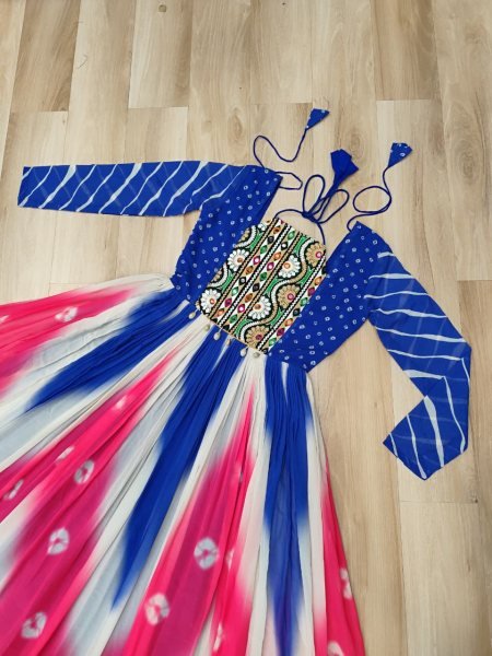 Blue Pink Bandhej Print Faux Georgette Navratri Gown with 4 Mtr Flair and Mirror Embroidery Perfect for Festivals Navratri Collection
