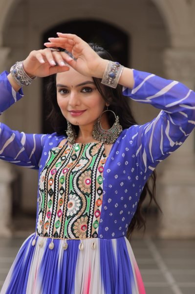 Blue Pink Bandhej Print Faux Georgette Navratri Gown with 4 Mtr Flair and Mirror Embroidery Perfect for Festivals Navratri Collection