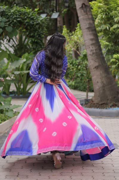 Blue Pink Bandhej Print Faux Georgette Navratri Gown with 4 Mtr Flair and Mirror Embroidery Perfect for Festivals Navratri Collection