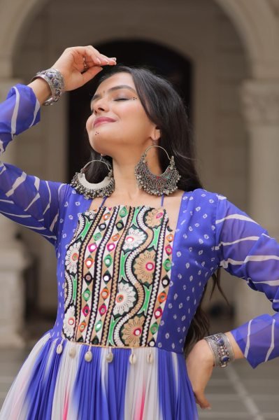 Blue Pink Bandhej Print Faux Georgette Navratri Gown with 4 Mtr Flair and Mirror Embroidery Perfect for Festivals Navratri Collection