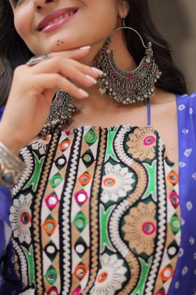 Blue Pink Bandhej Print Faux Georgette Navratri Gown with 4 Mtr Flair and Mirror Embroidery Perfect for Festivals Navratri Collection