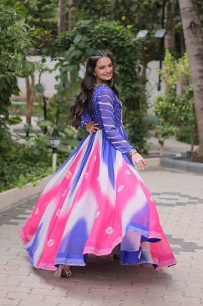 Blue Pink Bandhej Print Faux Georgette Navratri Gown with 4 Mtr Flair and Mirror Embroidery Perfect for Festivals Navratri Collection