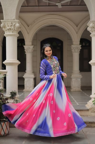 Blue Pink Bandhej Print Faux Georgette Navratri Gown with 4 Mtr Flair and Mirror Embroidery Perfect for Festivals Navratri Collection