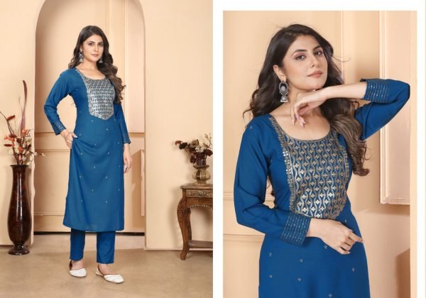 Blue Premium Rayon Sequins Work Festival Wear Readymade Kurti Set 3 Piece Kurti Set