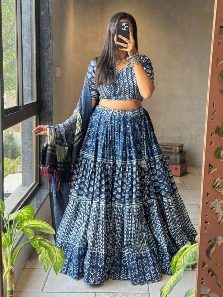 Blue Printed Rayon Lehenga Choli with 4 Mtr Flair and Mal Cotton Dupatta Navratri Special Navratri Lehnega Choli