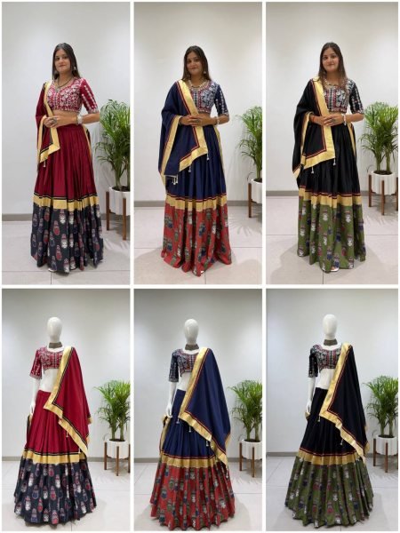 Blue Printed Rayon Lehenga Choli with Embroidered Real Mirror Work Blouse Navratri Lehnega Choli