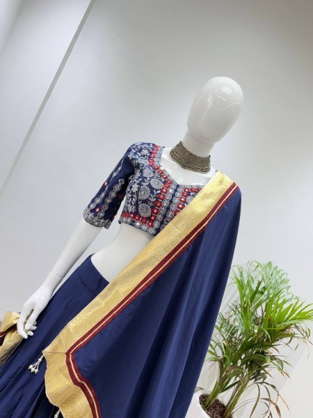 Blue Printed Rayon Lehenga Choli with Embroidered Real Mirror Work Blouse Navratri Lehnega Choli
