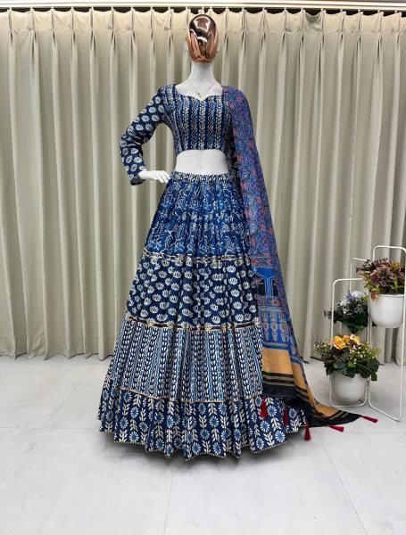 Blue Printed Rayon Lehenga Choli with 4 Mtr Flair and Mal Cotton Dupatta Navratri Special Navratri Lehnega Choli