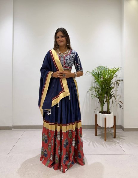 Blue Printed Rayon Lehenga Choli with Embroidered Real Mirror Work Blouse Navratri Lehnega Choli