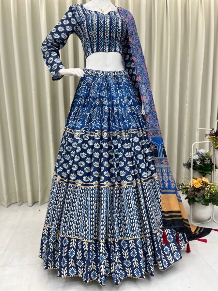 Blue Printed Rayon Lehenga Choli with 4 Mtr Flair and Mal Cotton Dupatta Navratri Special Navratri Lehnega Choli