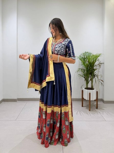 Blue Printed Rayon Lehenga Choli with Embroidered Real Mirror Work Blouse Navratri Lehnega Choli