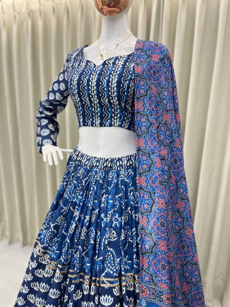 Blue Printed Rayon Lehenga Choli with 4 Mtr Flair and Mal Cotton Dupatta Navratri Special Navratri Lehnega Choli