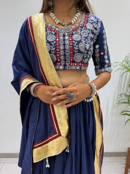 Blue Printed Rayon Lehenga Choli with Embroidered Real Mirror Work Blouse Navratri Lehnega Choli