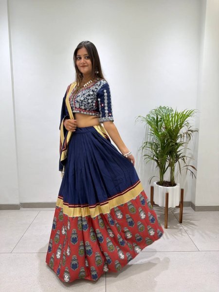 Blue Printed Rayon Lehenga Choli with Embroidered Real Mirror Work Blouse Navratri Lehnega Choli