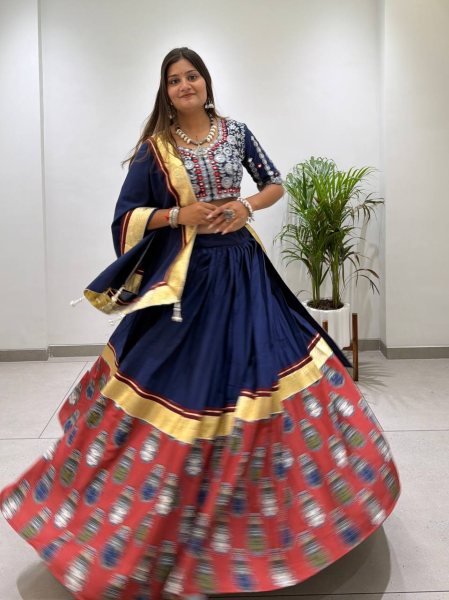 Blue Printed Rayon Lehenga Choli with Embroidered Real Mirror Work Blouse Navratri Lehnega Choli