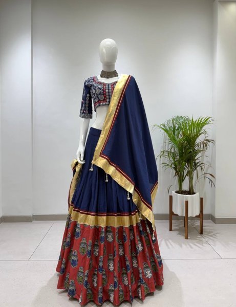 Blue Printed Rayon Lehenga Choli with Embroidered Real Mirror Work Blouse Navratri Lehnega Choli
