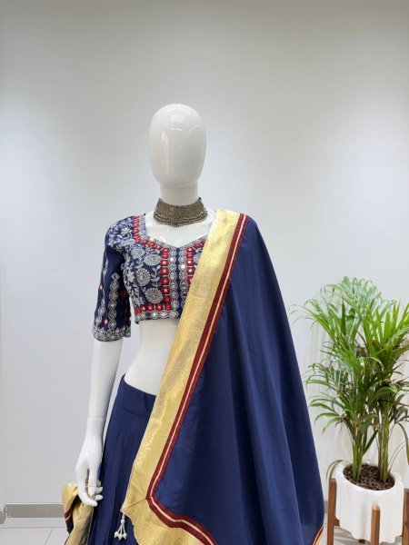 Blue Printed Rayon Lehenga Choli with Embroidered Real Mirror Work Blouse Navratri Lehnega Choli