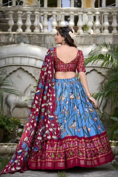 Blue Printed Silk Navratri Wear Lehenga Choli With Dupatta Navratri Lehnega Choli