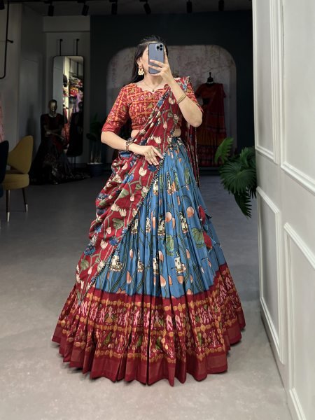 Blue Printed Silk Navratri Wear Lehenga Choli With Dupatta Navratri Lehnega Choli