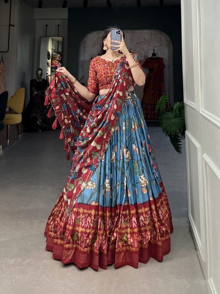 Blue Printed Silk Navratri Wear Lehenga Choli With Dupatta Navratri Lehnega Choli