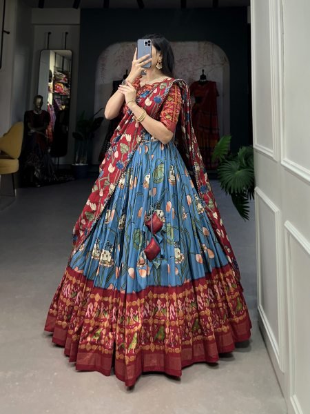 Blue Printed Silk Navratri Wear Lehenga Choli With Dupatta Navratri Lehnega Choli