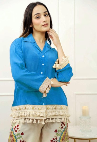 Blue Pure Cotton A Line Top with Lace Border and Palazzo Pants Elegant Casual Wear Kurti With Bottom Wholesale