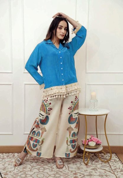 Blue Pure Cotton A Line Top with Lace Border and Palazzo Pants Elegant Casual Wear Kurti With Bottom Wholesale