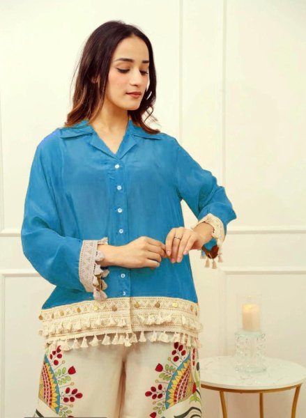 Blue Pure Cotton A Line Top with Lace Border and Palazzo Pants Elegant Casual Wear Kurti With Bottom Wholesale
