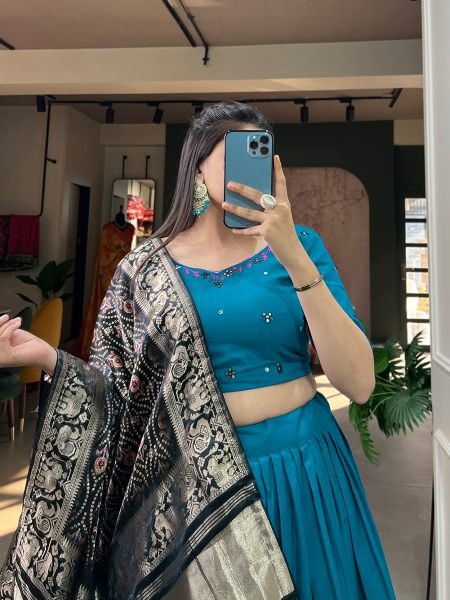 Blue Pure Cotton Plain With Gota Patti Touch Up Lehenga Choli Navratri Lehnega Choli