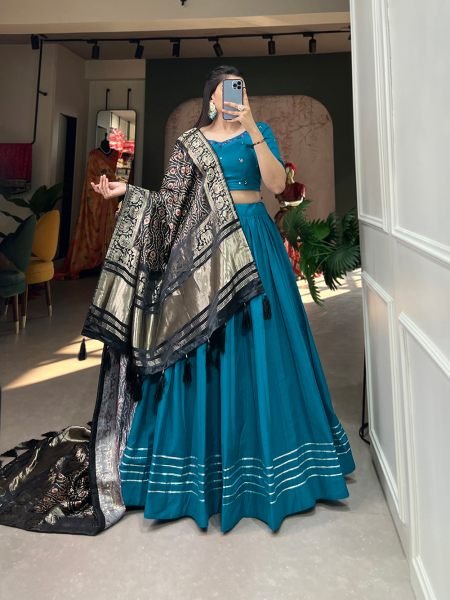 Blue Pure Cotton Plain With Gota Patti Touch Up Lehenga Choli Navratri Lehnega Choli