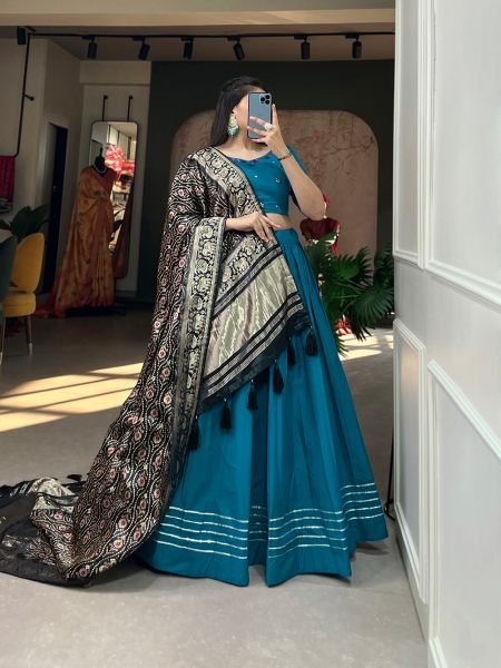 Blue Pure Cotton Plain With Gota Patti Touch Up Lehenga Choli Navratri Lehnega Choli