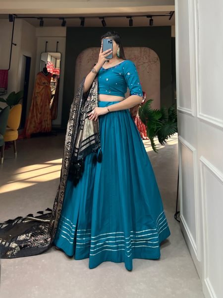Blue Pure Cotton Plain With Gota Patti Touch Up Lehenga Choli Navratri Lehnega Choli