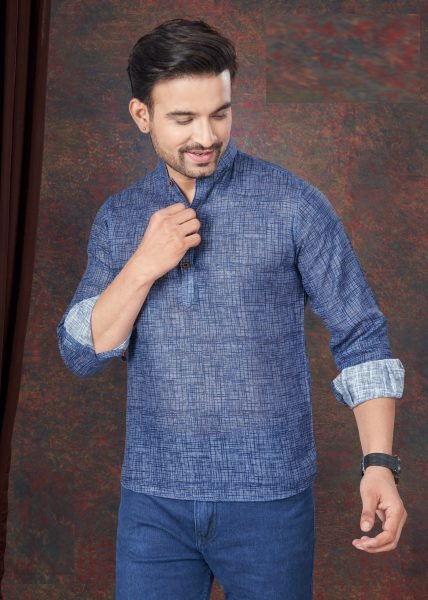 Blue Pure Linen Straight Casual Wear Readymade Short Kurta Mens Shirt