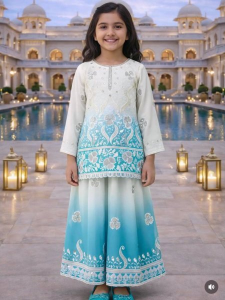 Blue Readymade Girls Palazzo Suit with Fox Georgette Dupatta for Parties Kurtis