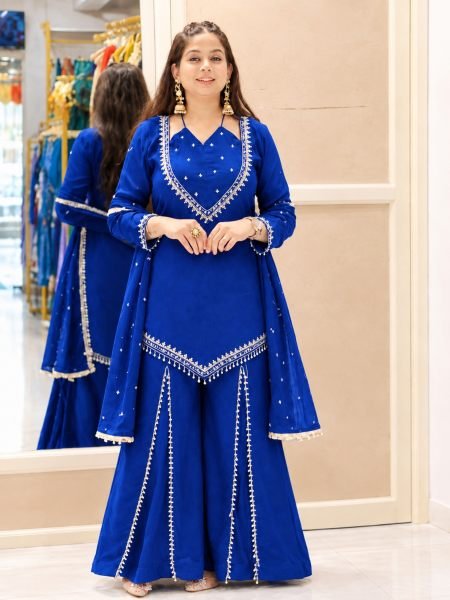 Blue Roman Glass Embroidered Top Plazzo Set with Moti Work Dupatta For Festival Ready To Wear Suit