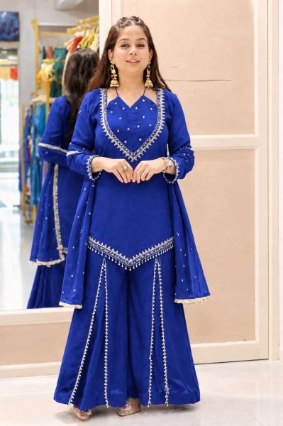 Blue Roman Glass Embroidered Top Plazzo Set with Moti Work Dupatta For Festival Ready To Wear Collection