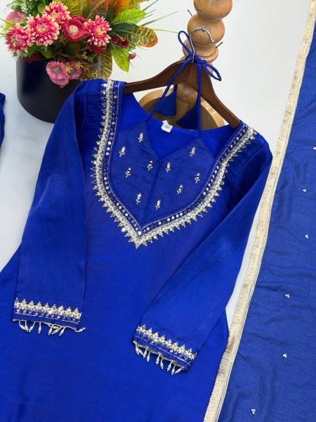 Blue Roman Glass Embroidered Top Plazzo Set with Moti Work Dupatta For Festival Ready To Wear Collection