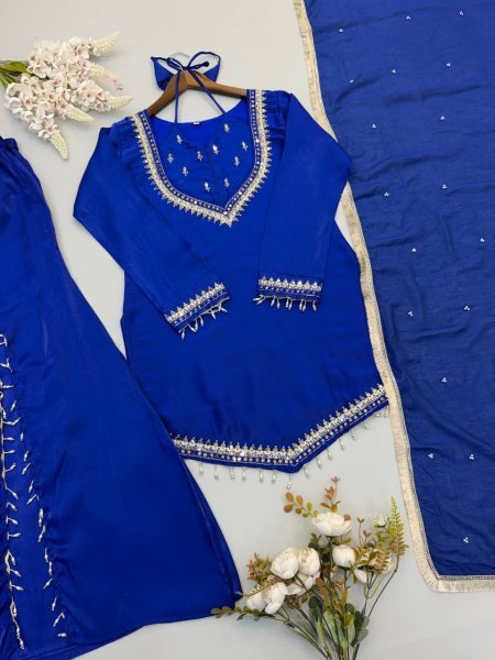 Blue Roman Glass Embroidered Top Plazzo Set with Moti Work Dupatta For Festival Ready To Wear Collection