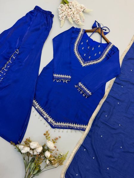 Blue Roman Glass Embroidered Top Plazzo Set with Moti Work Dupatta For Festival Ready To Wear Collection