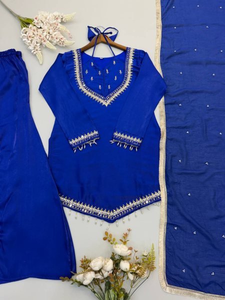 Blue Roman Glass Embroidered Top Plazzo Set with Moti Work Dupatta For Festival Ready To Wear Collection