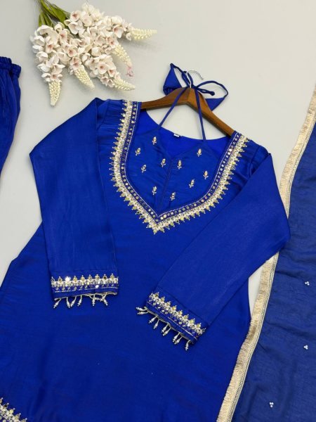 Blue Roman Glass Embroidered Top Plazzo Set with Moti Work Dupatta For Festival Ready To Wear Collection